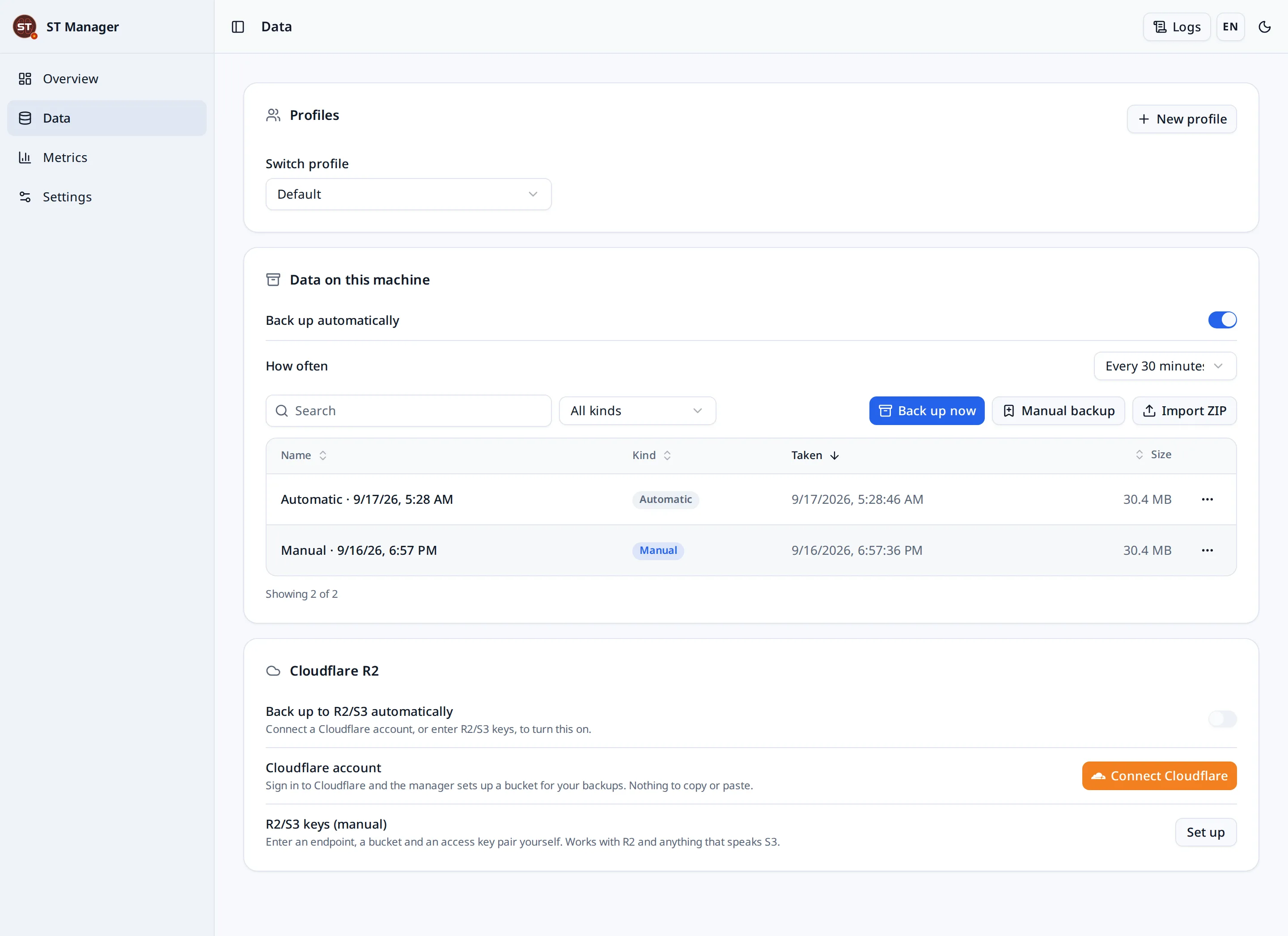 The data page: profiles, local backups and Cloudflare R2 recovery points