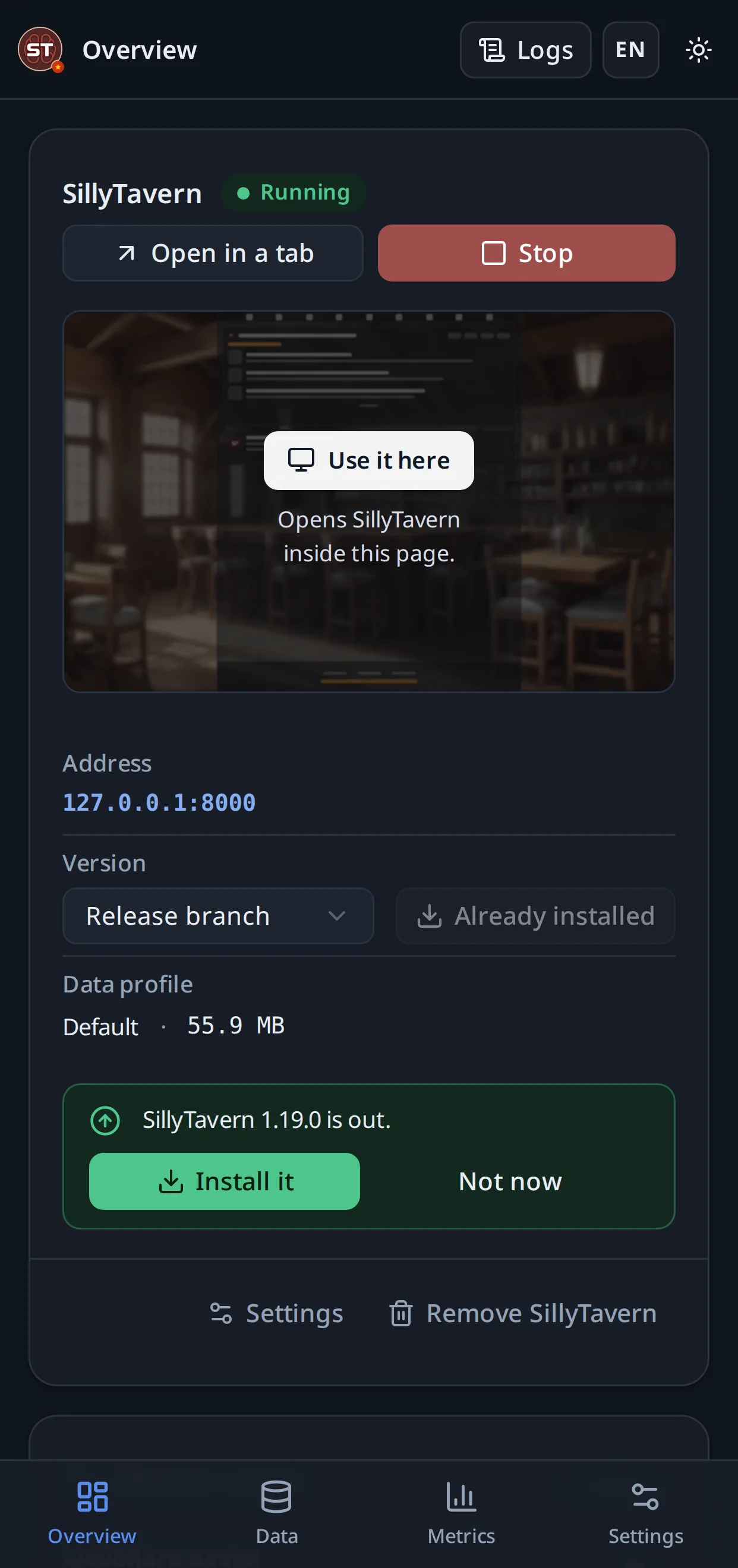 The manager overview page: SillyTavern running, remote access, data and backups, system usage and live logs