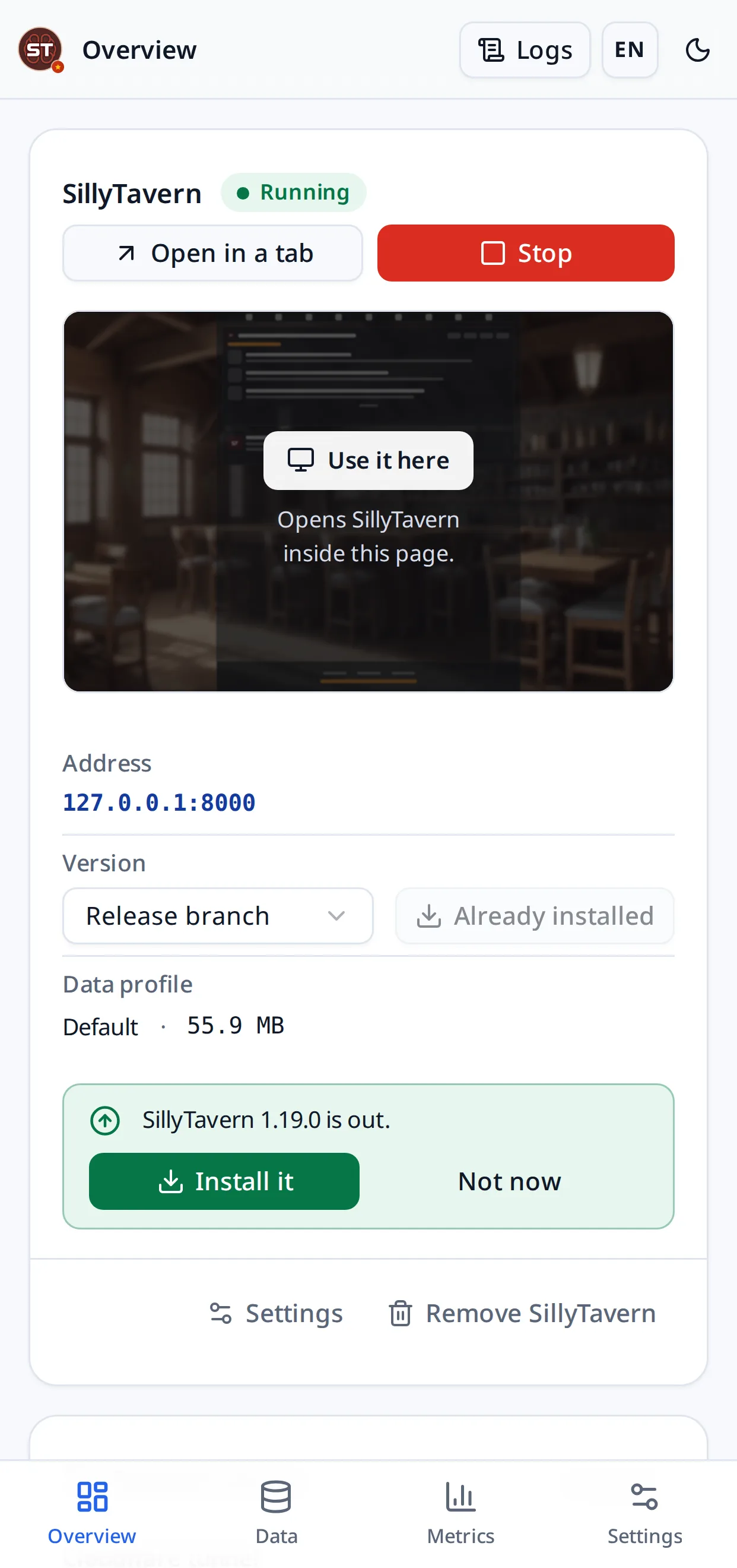 The manager overview page: SillyTavern running, remote access, data and backups, system usage and live logs