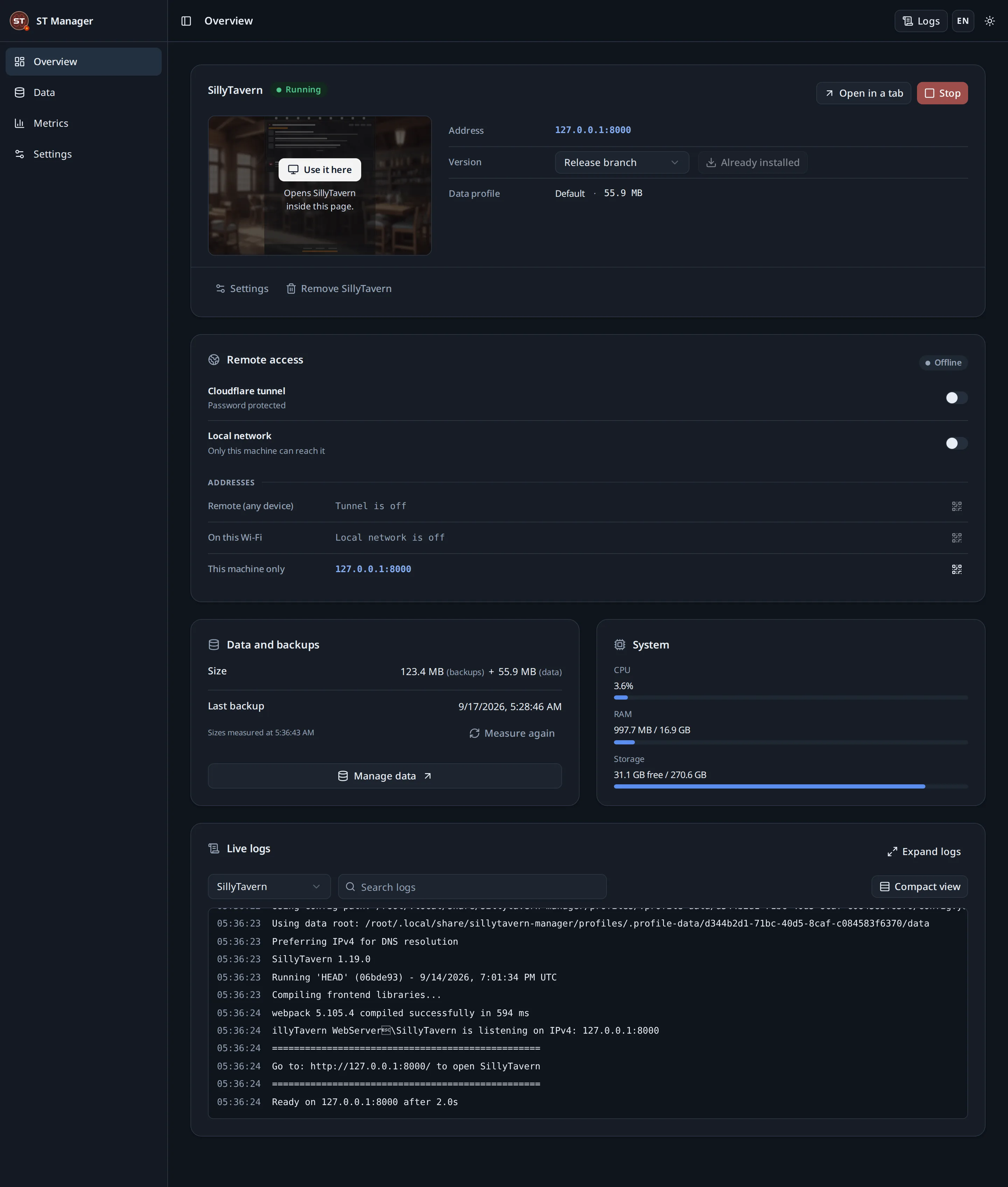 The manager overview page: SillyTavern running, remote access, data and backups, system usage and live logs