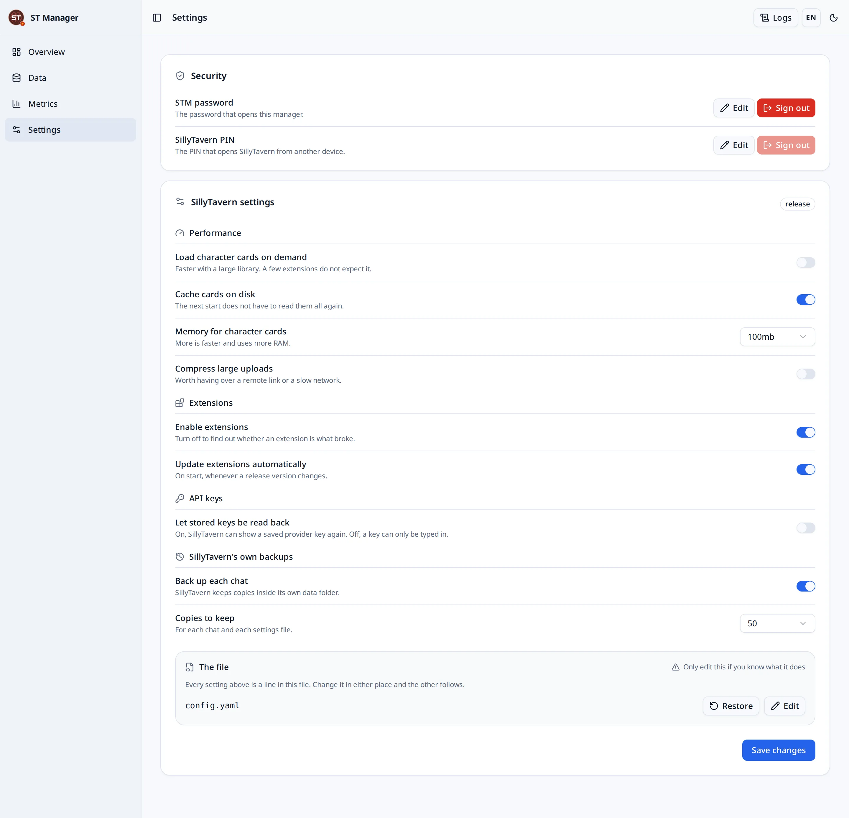 The settings page: security, performance, extensions, API keys and chat backups