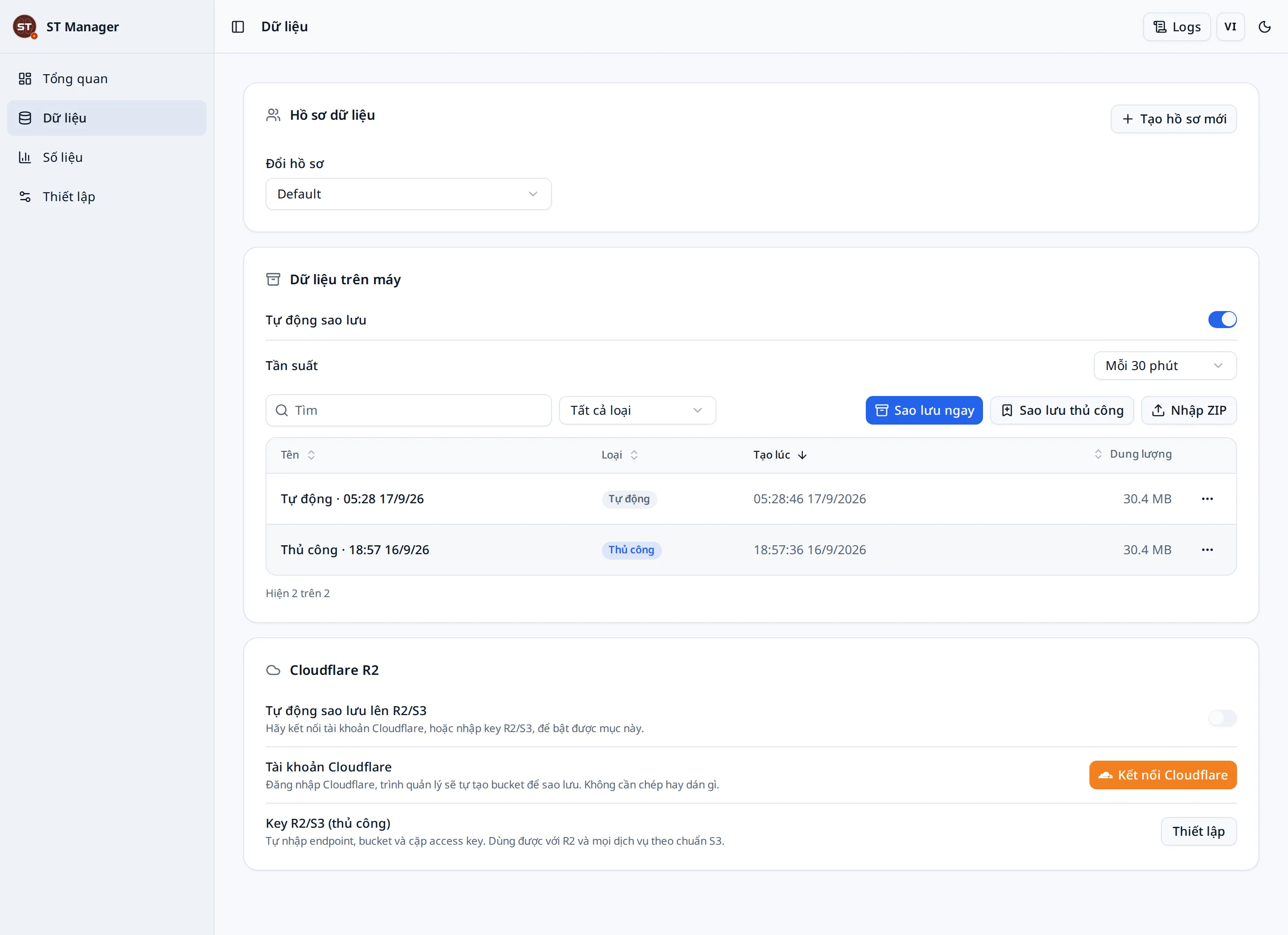 Trang dữ liệu: hồ sơ, bản sao lưu cục bộ và điểm phục hồi trên Cloudflare R2